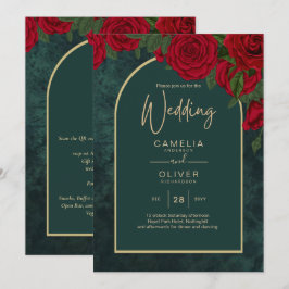 Invitación Boda de Invierno de Oro Verde Forestal Rojo Roses