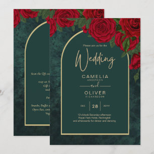 Invitación Boda de Invierno de Oro Verde Forestal Rojo Roses
