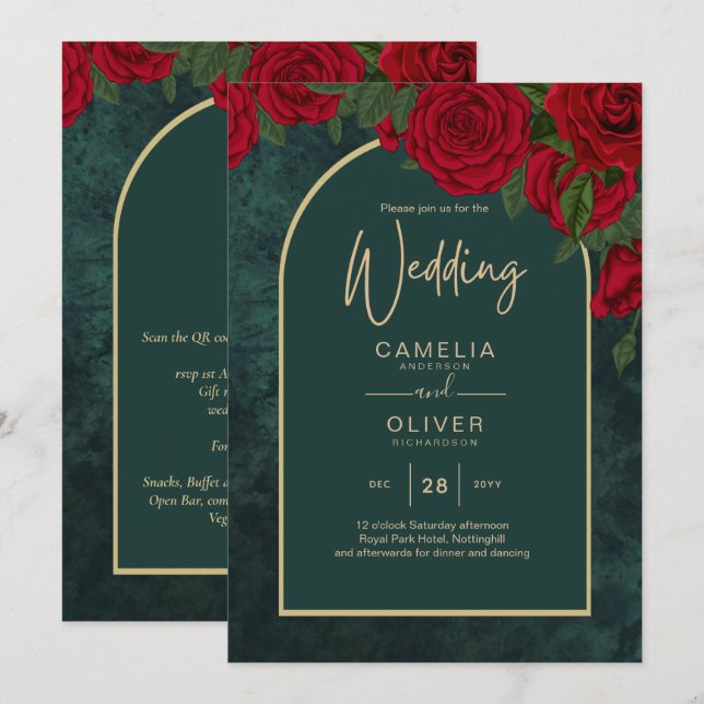 Invitación Boda de Invierno de Oro Verde Forestal Rojo Roses (Anverso / Reverso)