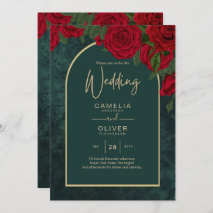 Invitación Boda de Invierno de Oro Verde Forestal Rojo Roses