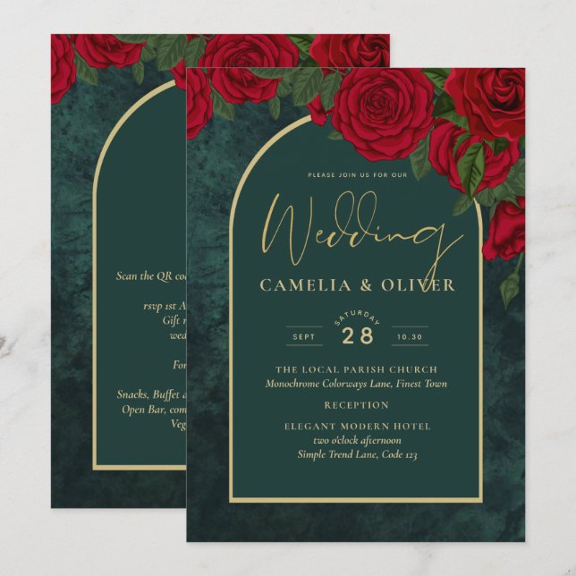 Invitación Boda de Invierno de Oro Verde Forestal Rojo Roses (Anverso / Reverso)