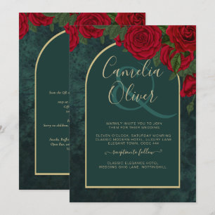 Invitación Boda de Invierno de Oro Verde Forestal Rojo Roses
