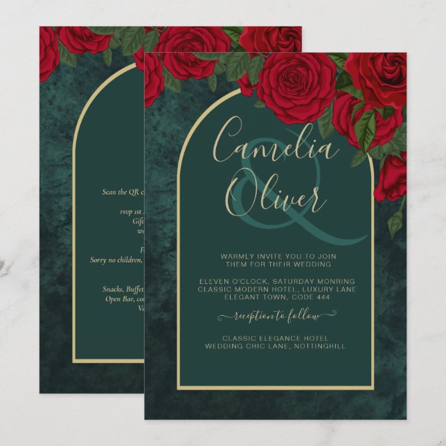 Invitación Boda de Invierno de Oro Verde Forestal Rojo Roses (Anverso / Reverso)