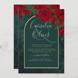 Invitación Boda de Invierno de Oro Verde Forestal Rojo Roses