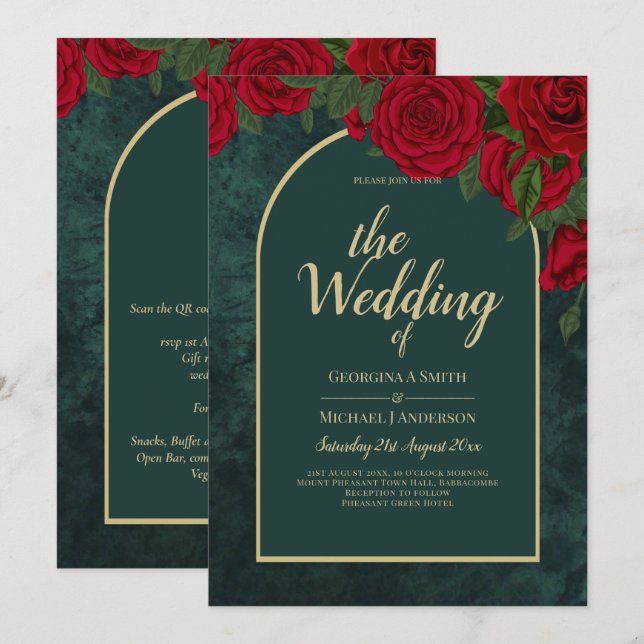 Invitación Boda de Invierno de Oro Verde Forestal Rojo Roses (Anverso / Reverso)