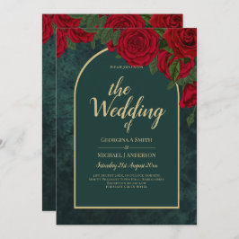Invitación Boda de Invierno de Oro Verde Forestal Rojo Roses