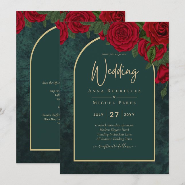 Invitación Boda de Invierno de Oro Verde Forestal Rojo Roses (Anverso / Reverso)
