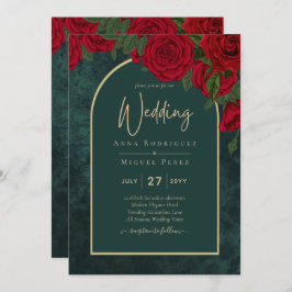 Invitación Boda de Invierno de Oro Verde Forestal Rojo Roses