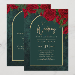 Invitación Boda de Invierno de Oro Verde Forestal Rojo Roses