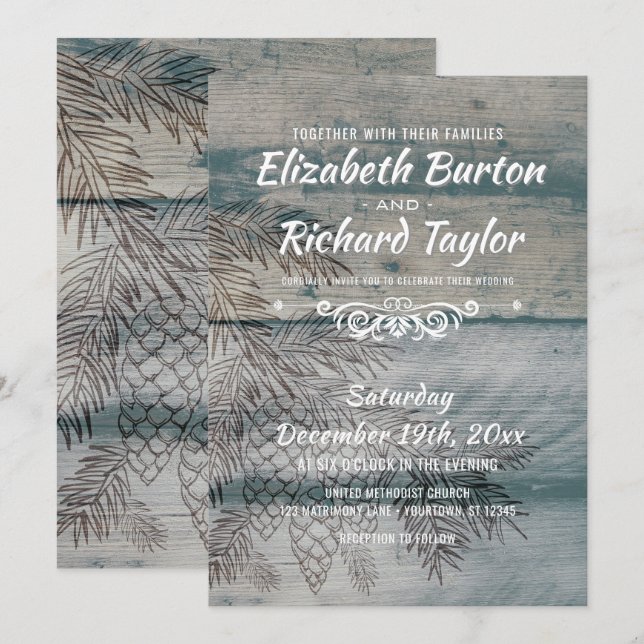Invitación Boda de invierno de pino de madera rústica (Anverso / Reverso)