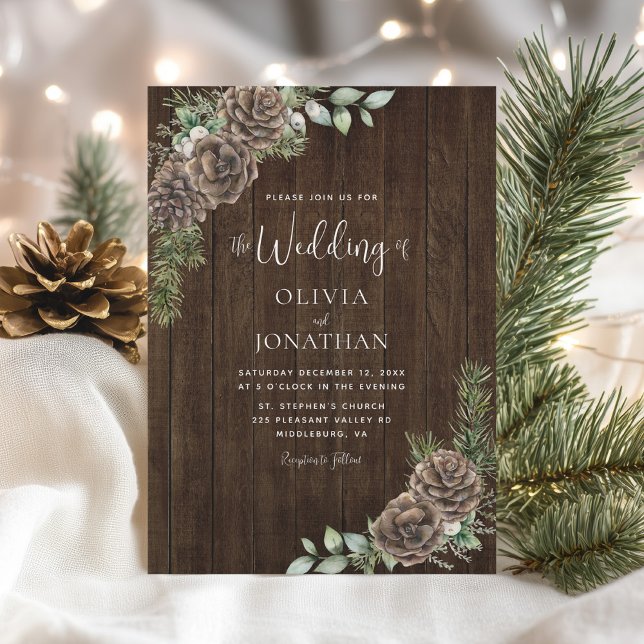 Invitación Boda de invierno de pino de madera rústica (Subido por el creador)