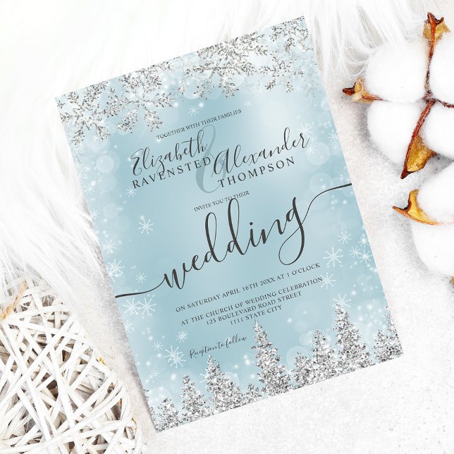 Invitación Boda de invierno de pino de nieve azul de plata (Silver ice blue snow pine Christmas winter wedding Invitation)
