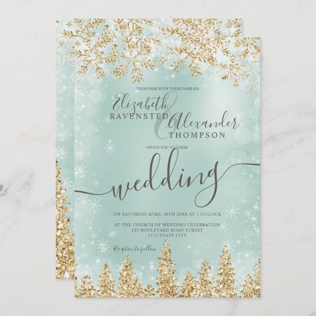Invitación Boda de invierno de pino de nieve verde dorado (Anverso / Reverso)