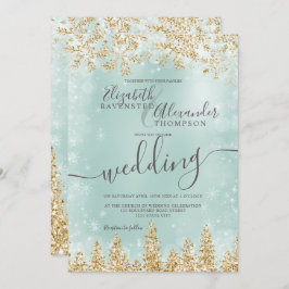 Invitación Boda de invierno de pino de nieve verde dorado