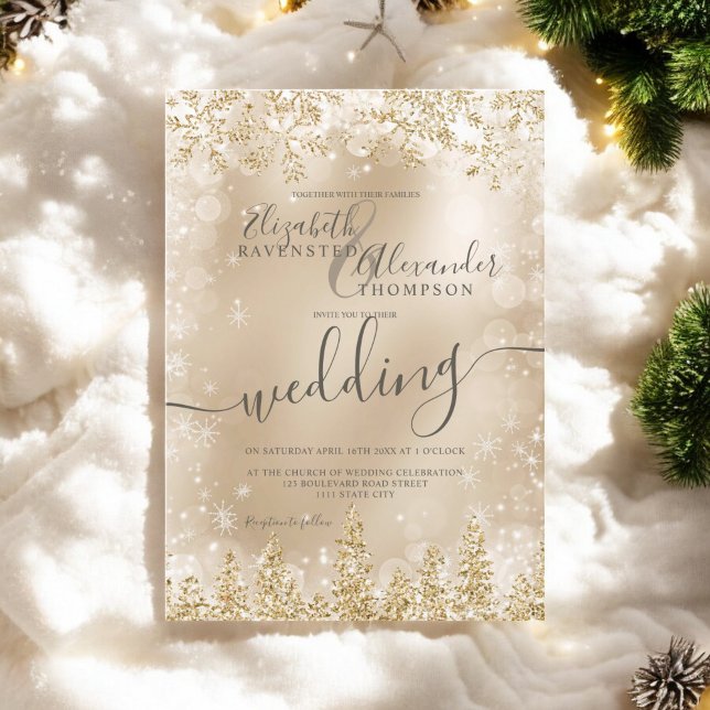Invitación Boda de invierno de pino dorado de plata (Silver gold snow pine Christmas winter wedding Invitation)