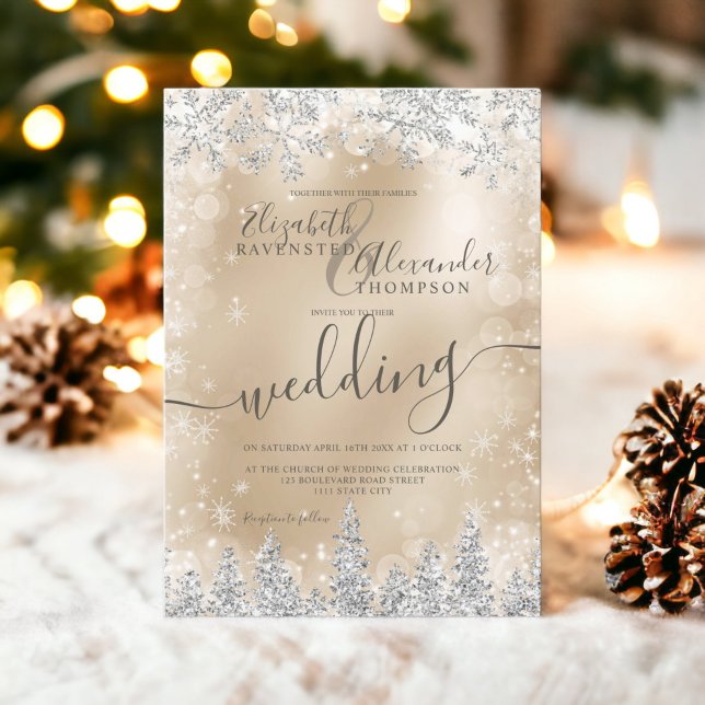 Invitación Boda de invierno de pino dorado de plata (Silver gold snow pine Christmas winter wedding Invitation)
