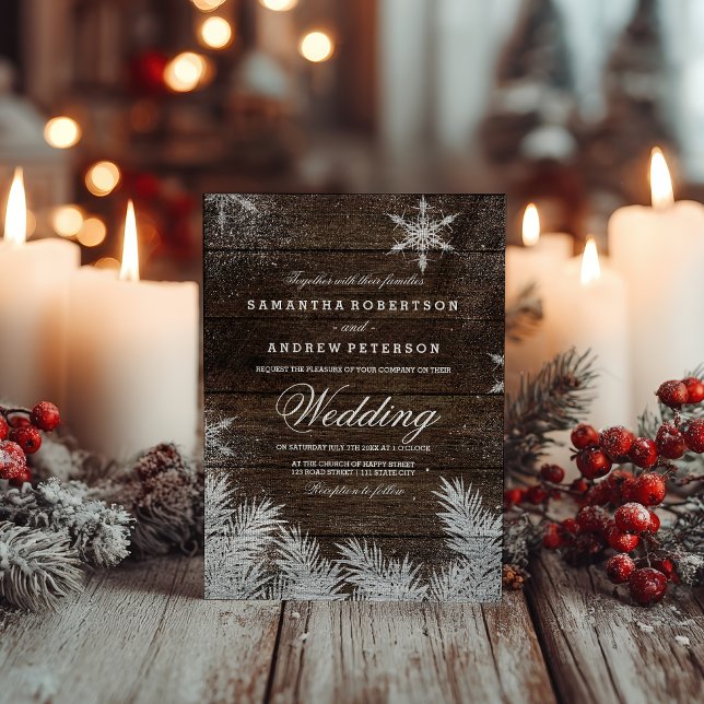 Invitación Boda de invierno de pino rústico con copos de niev (Rustic wood snowflake pine winter wedding invitation)