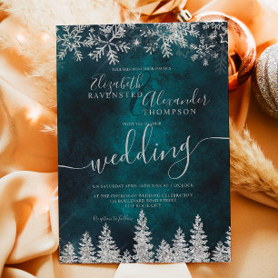 Invitación Boda de invierno de pino verde de nieve de plata