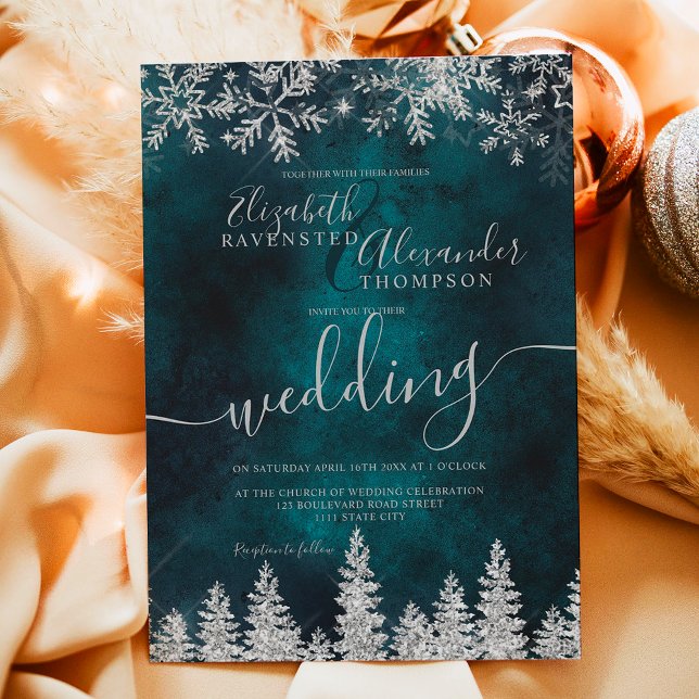 Invitación Boda de invierno de pino verde de nieve de plata (Silver snow pine green Christmas winter wedding Invitation)