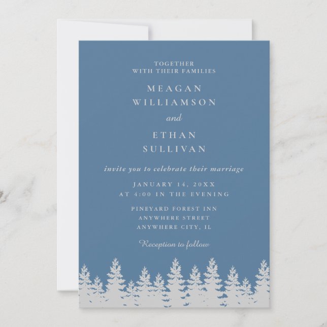 Invitación Boda de invierno de pinos azules y plateados (Anverso)
