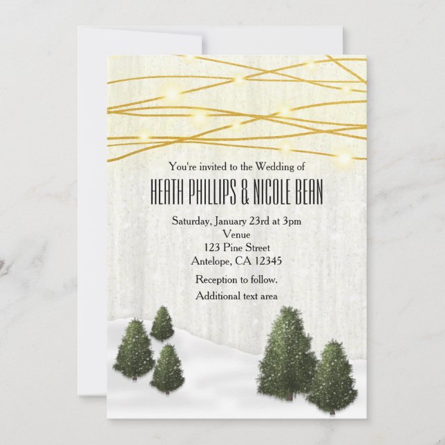 Invitación Boda de invierno de pinos rústicos Nieve de diciem (Anverso)
