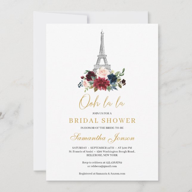 Invitación Boda de invierno de ramo floral de eifel burgundy  (Anverso)