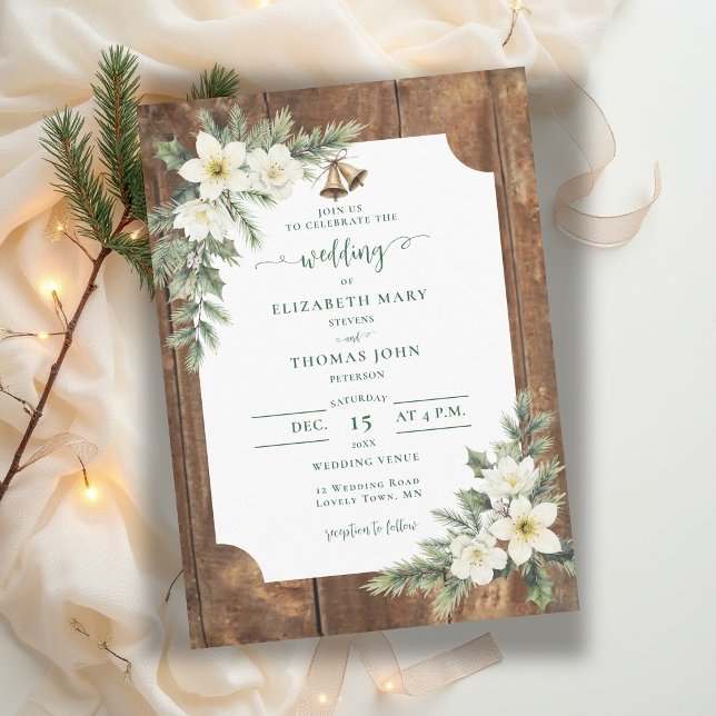 Invitación Boda de invierno de rosas de Navidad de madera rús (winter wedding invitation rustic barn wood christmas roses greenery white hellebore elegant bells)