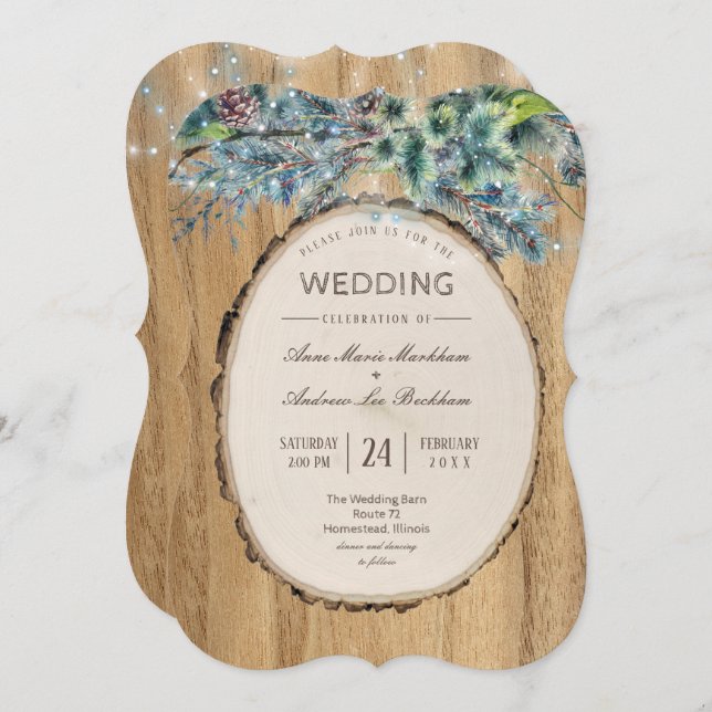 Invitación Boda de invierno de Rustic Pine Lodge (Anverso / Reverso)