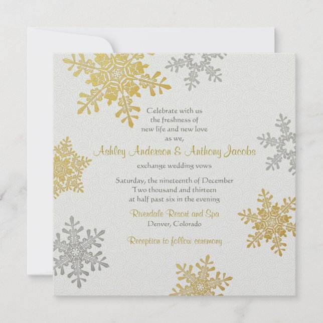 Invitación Boda de invierno de Silver Gold Snowflake Square (Anverso)