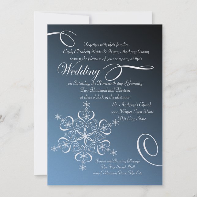 Invitación Boda de Invierno de Snowflake Blue Elegance (Anverso)