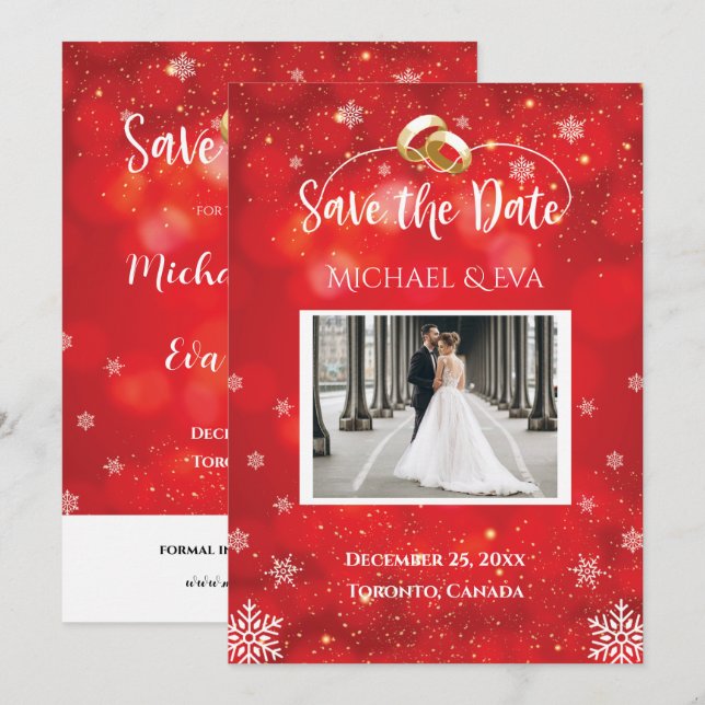 Invitación Boda De Invierno De Snowflake Roja Salva La Fecha (Anverso / Reverso)