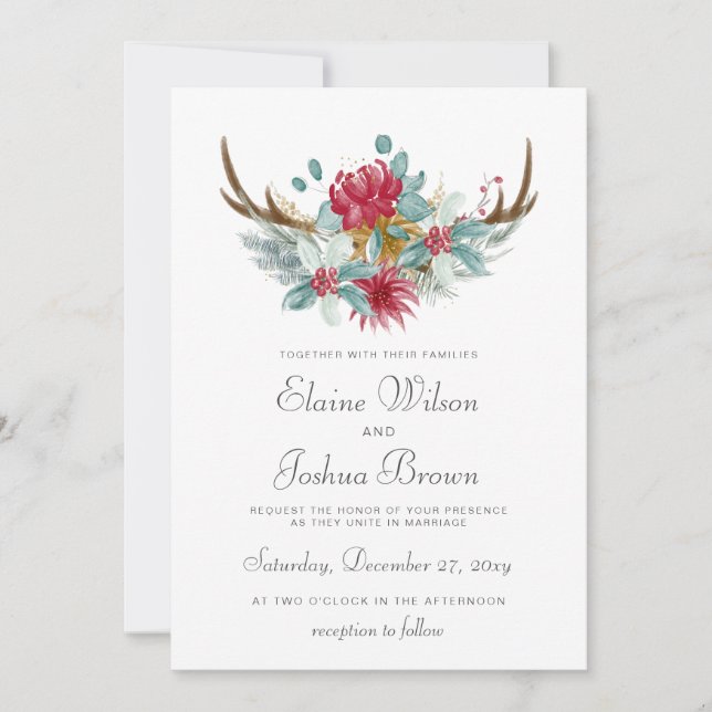 Invitación Boda de invierno de Woodland Deer Floral Antler (Anverso)