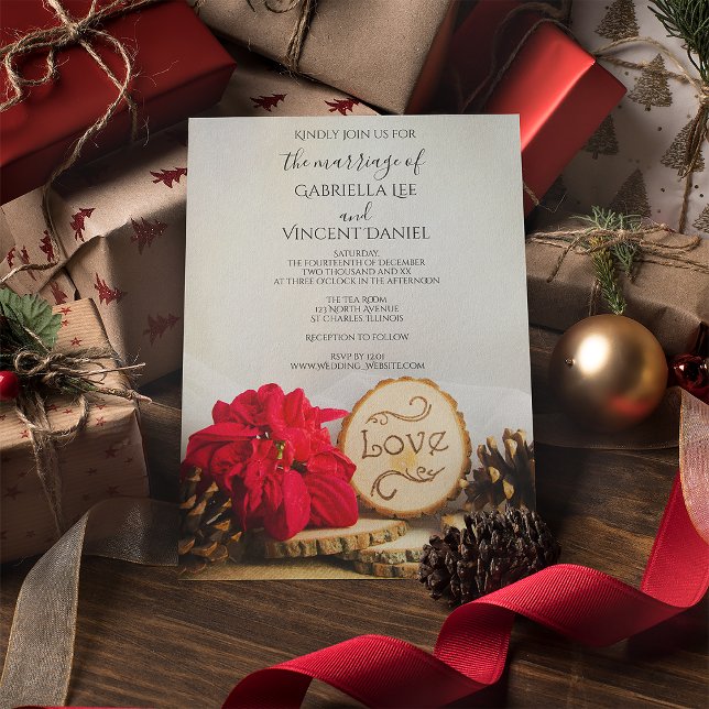 Invitación Boda de invierno de Woodland Red Poinsettia Rustic (Subido por el creador)