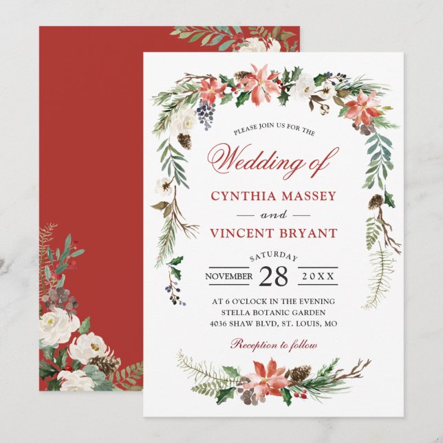 Invitación Boda de Invierno del Arco Floral de Poinsettia nav (Anverso / Reverso)