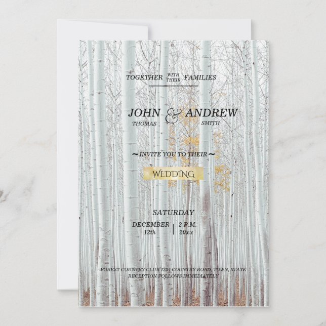 Invitación Boda de Invierno del Bosque de Birch Blanco (Anverso)
