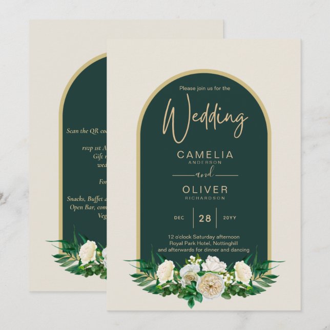 Invitación Boda de Invierno del Oro Verde Forestal Roses Blan (Anverso / Reverso)