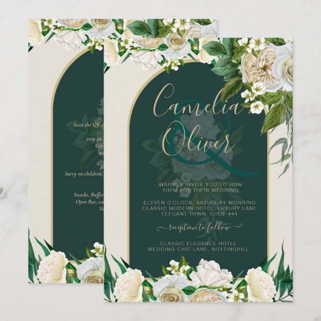 Invitación Boda de Invierno del Oro Verde Forestal Roses Blan (Anverso / Reverso)