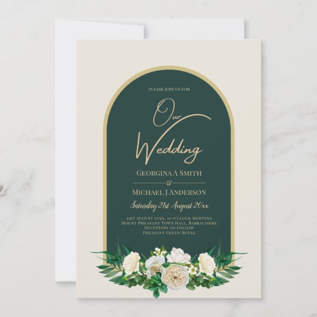 Invitación Boda de Invierno del Oro Verde Forestal Roses Blan (Anverso)