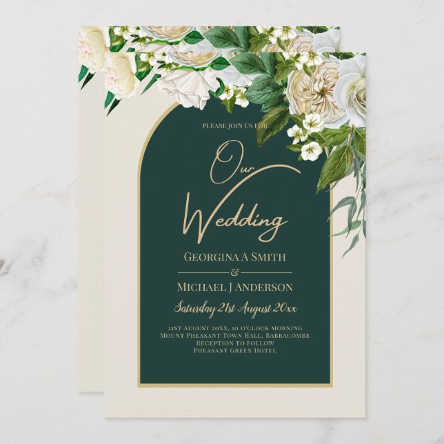 Invitación Boda de Invierno del Oro Verde Forestal Roses Blan (Anverso / Reverso)