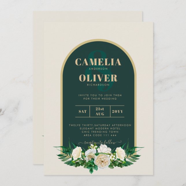 Invitación Boda de Invierno del Oro Verde Forestal Roses Blan (Anverso / Reverso)