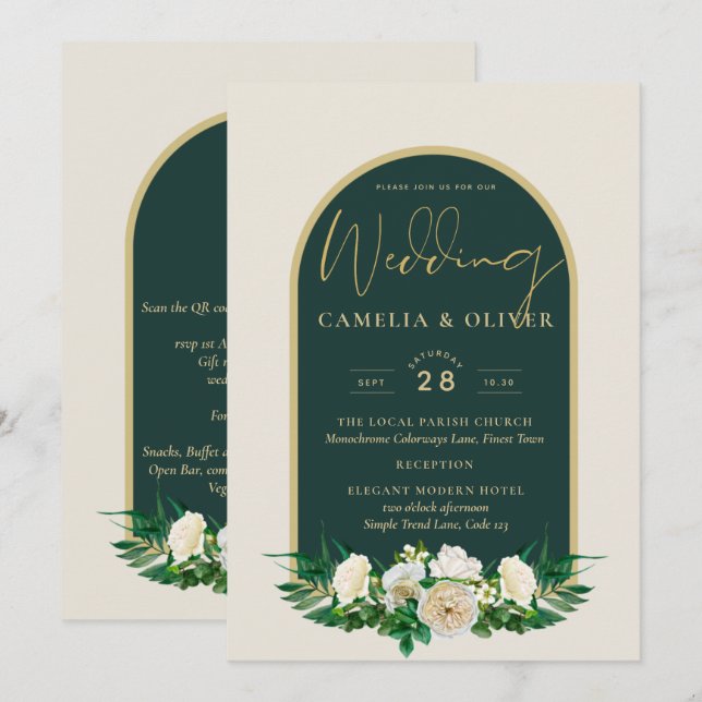 Invitación Boda de Invierno del Oro Verde Forestal Roses Blan (Anverso / Reverso)