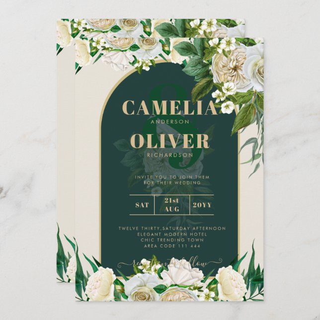 Invitación Boda de Invierno del Oro Verde Forestal Roses Blan (Anverso / Reverso)