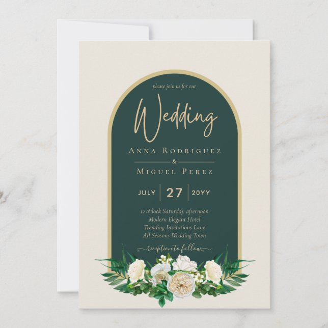 Invitación Boda de Invierno del Oro Verde Forestal Roses Blan (Anverso)