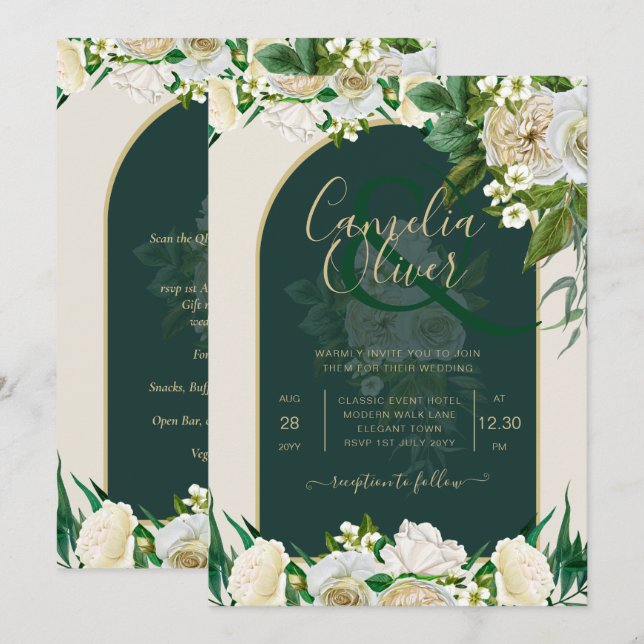 Invitación Boda de Invierno del Oro Verde Forestal Roses Blan (Anverso / Reverso)