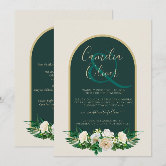 Invitación Boda de Invierno del Oro Verde Forestal Roses Blan (Anverso / Reverso)