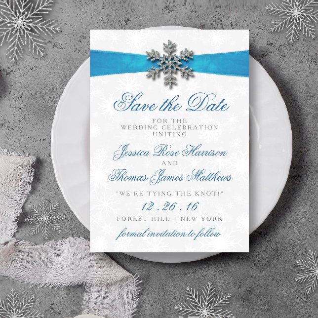 Invitación Boda de Invierno Diamante Snowflake & Blue Ribbon (Subido por el creador)