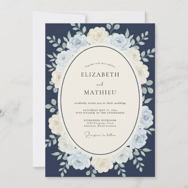 Invitación Boda de invierno dignificada en azul marino (Anverso)