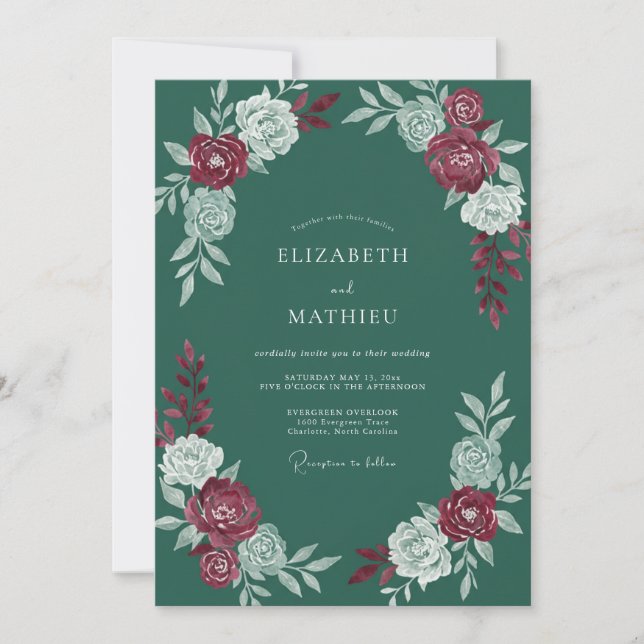 Invitación Boda de invierno dignificada en verde pino (Anverso)