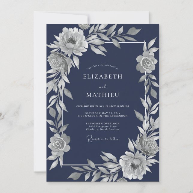 Invitación Boda de invierno distinguida en azul marino (Anverso)