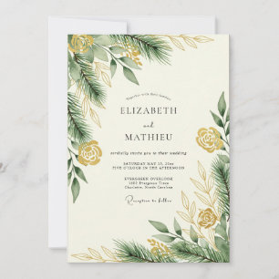 Invitación Boda de invierno dorada en verde pino